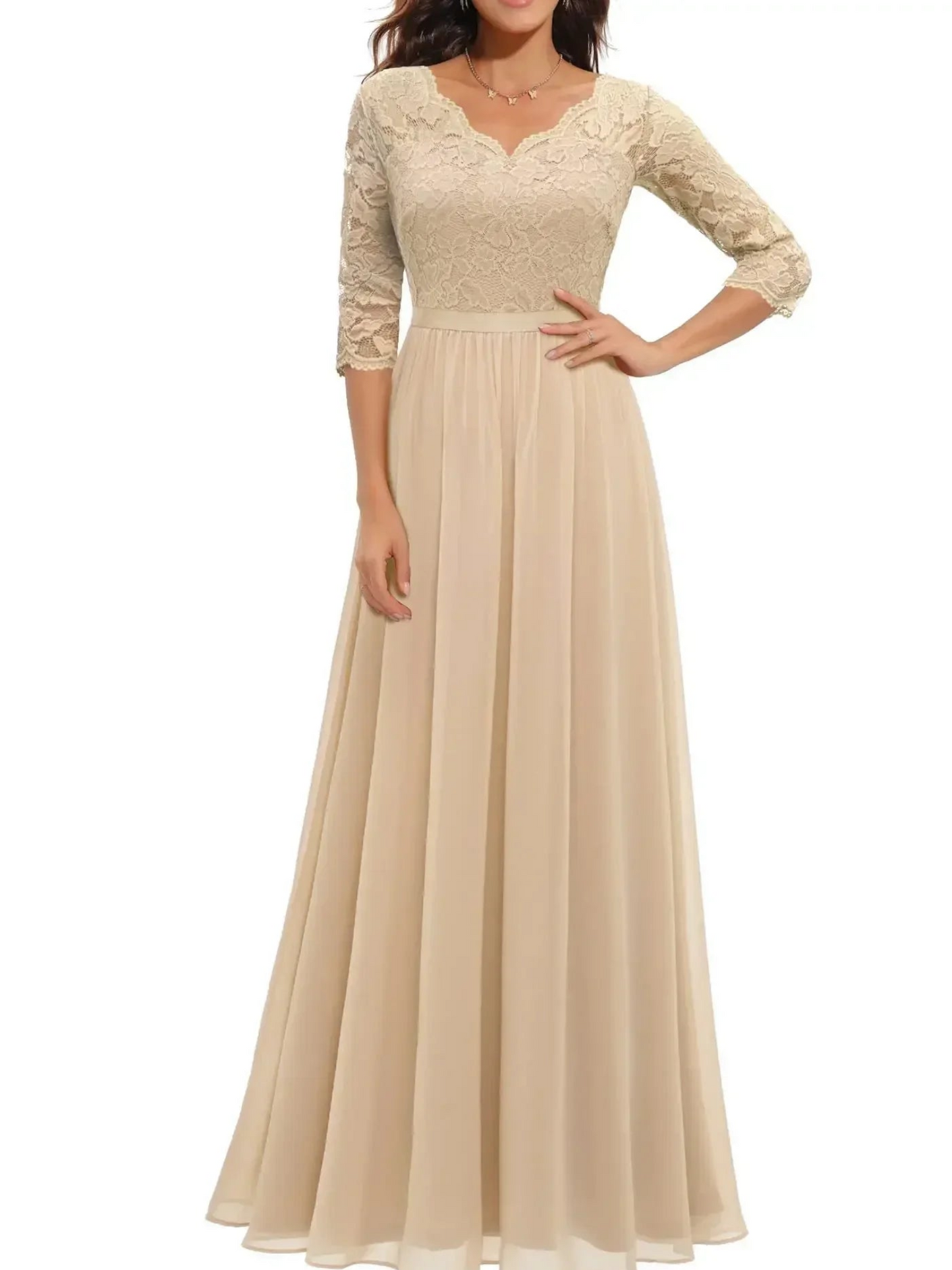 Maxi dress with a corset design, featuring intricate lace detailing, suitable for weddings and evening outings. 1
