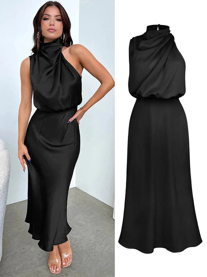 Elegant midi dress for women featuring an asymmetrical neckline. The dress has a fitted bodice and a flowing skirt that falls below the knee. 13