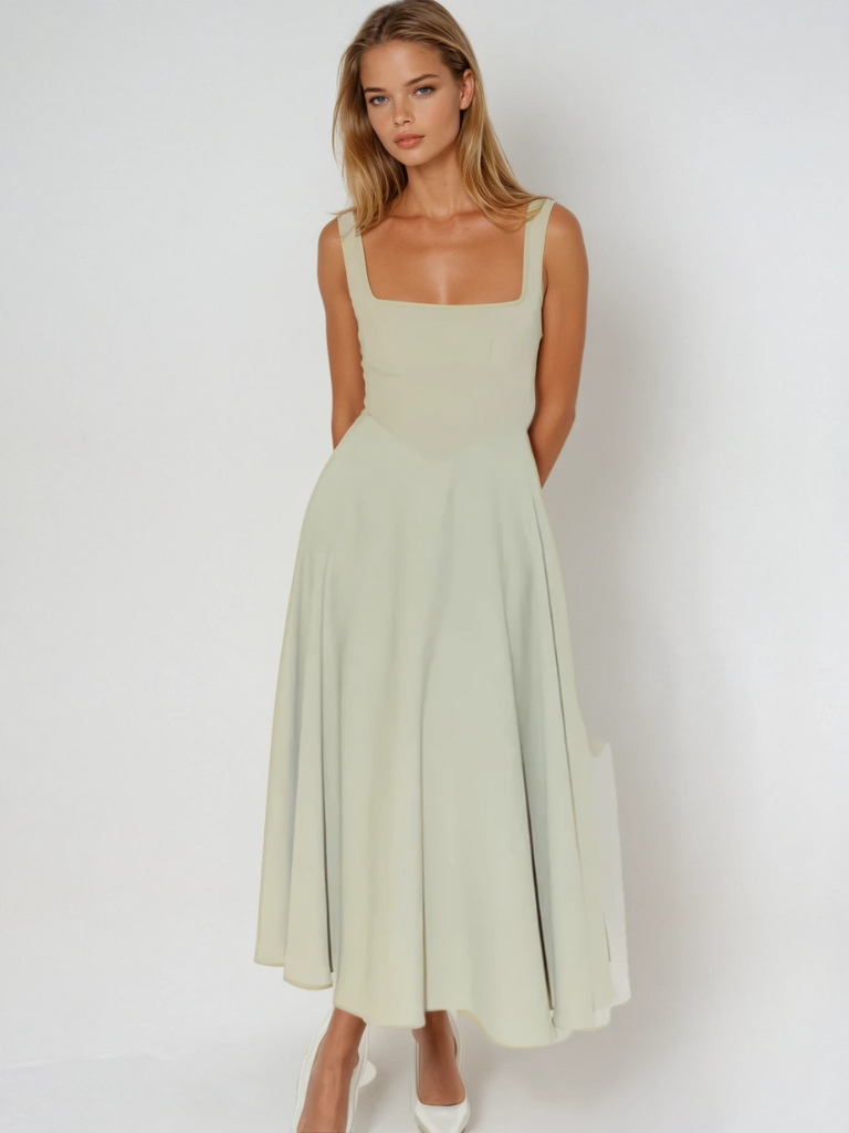 Midi dress featuring a square neckline and wide straps, designed for elegant occasions. The dress has a fitted bodice and a flowing skirt that falls to mid 0