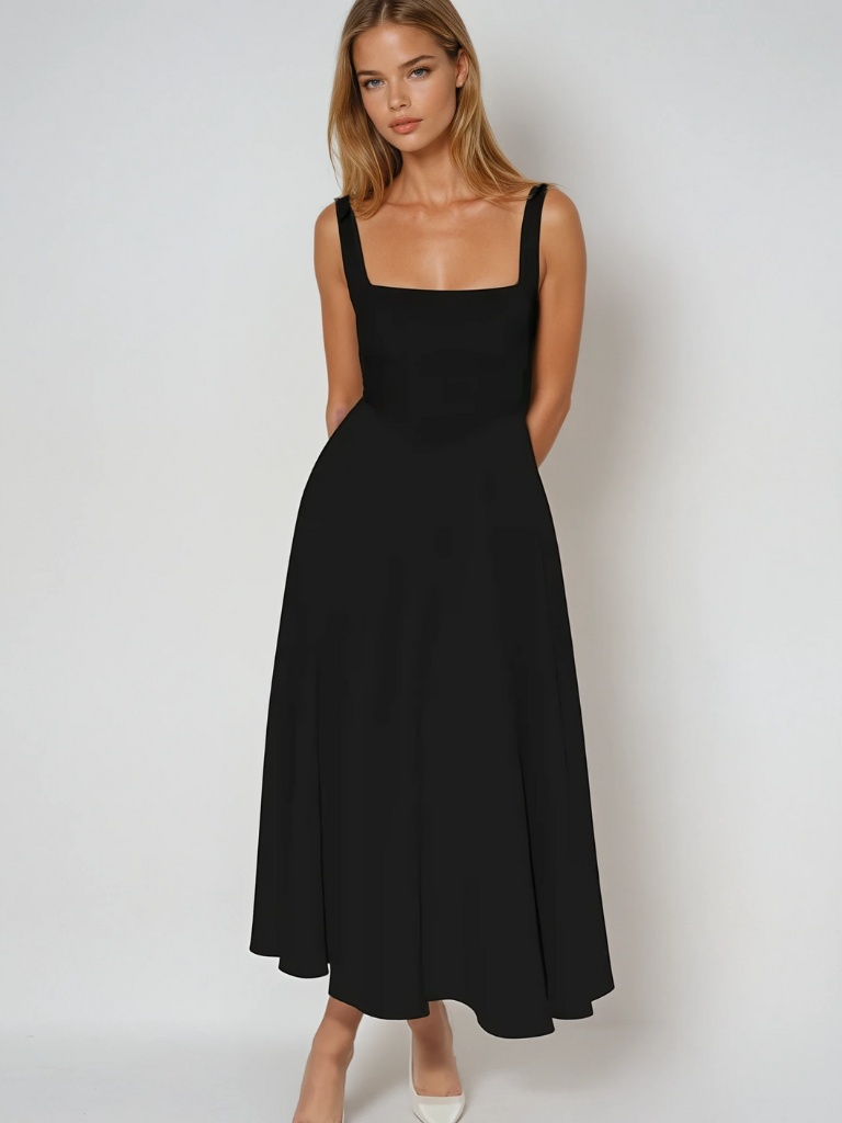Midi dress featuring a square neckline and wide straps, designed for elegant occasions. The dress has a fitted bodice and a flowing skirt that falls to mid 3