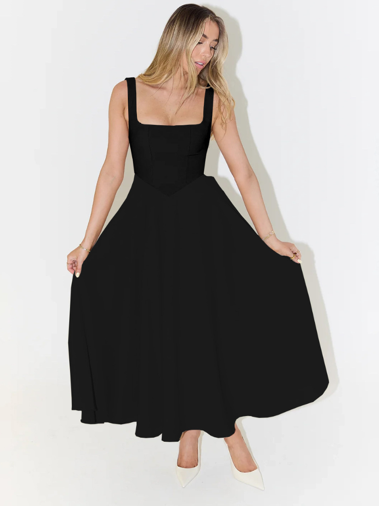 Midi dress featuring a square neckline and wide straps, designed for elegant occasions. The dress has a fitted bodice and a flowing skirt that falls to mid 5
