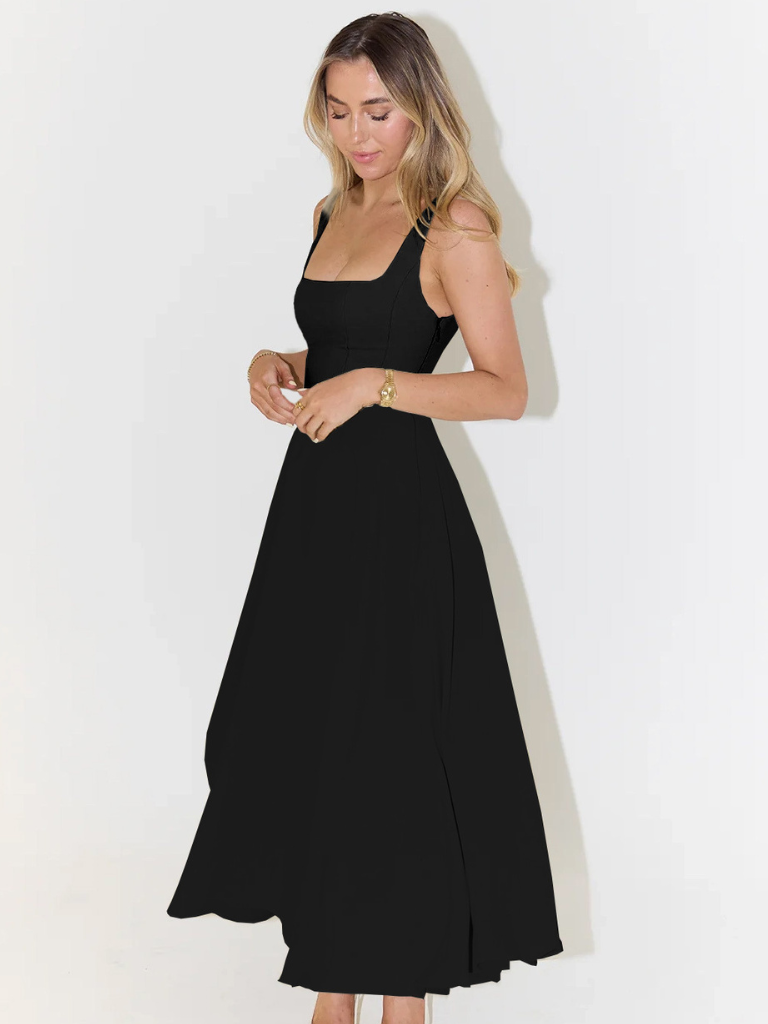 Midi dress featuring a square neckline and wide straps, designed for elegant occasions. The dress has a fitted bodice and a flowing skirt that falls to mid 6