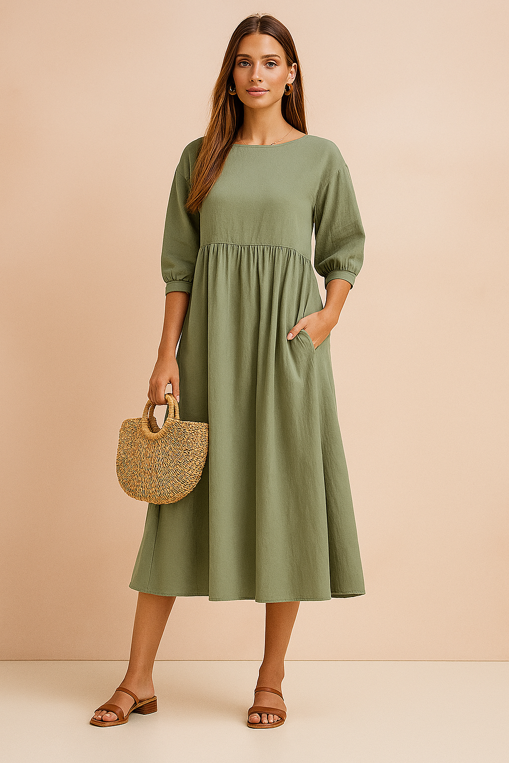 Midi dress with 3/4 sleeves and a defined waist, featuring a fitted bodice and flowing skirt. 0