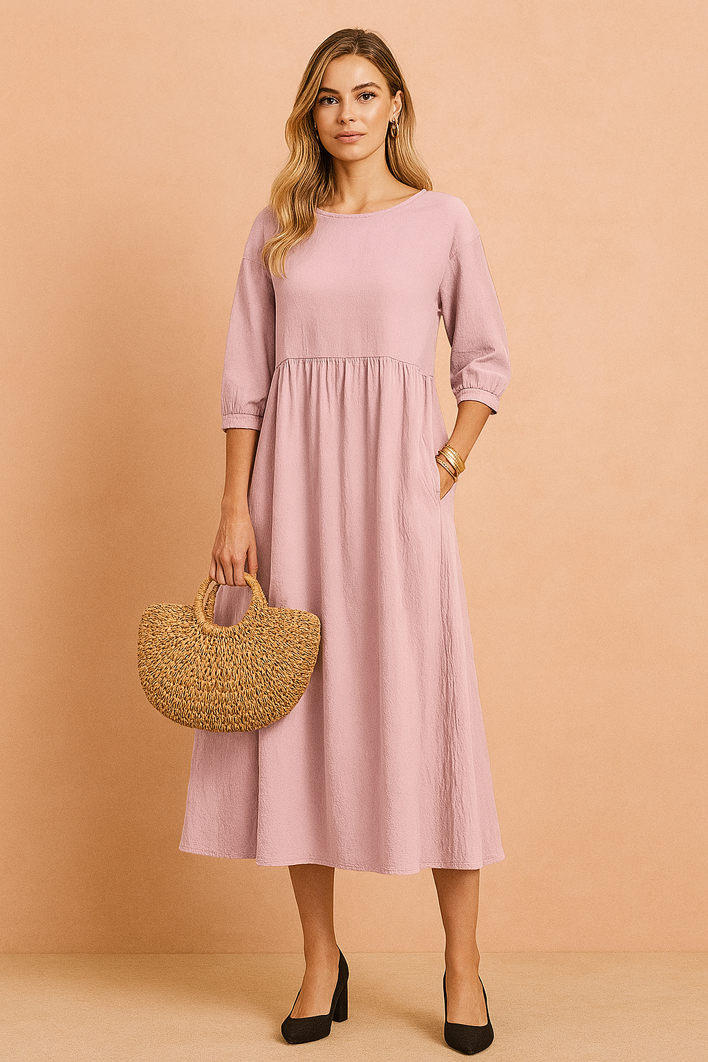 Midi dress with 3/4 sleeves and a defined waist, featuring a fitted bodice and flowing skirt. 2