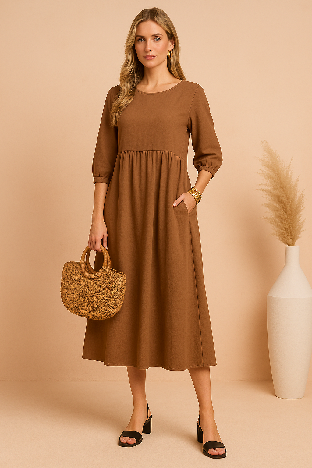 Midi dress with 3/4 sleeves and a defined waist, featuring a fitted bodice and flowing skirt. 3