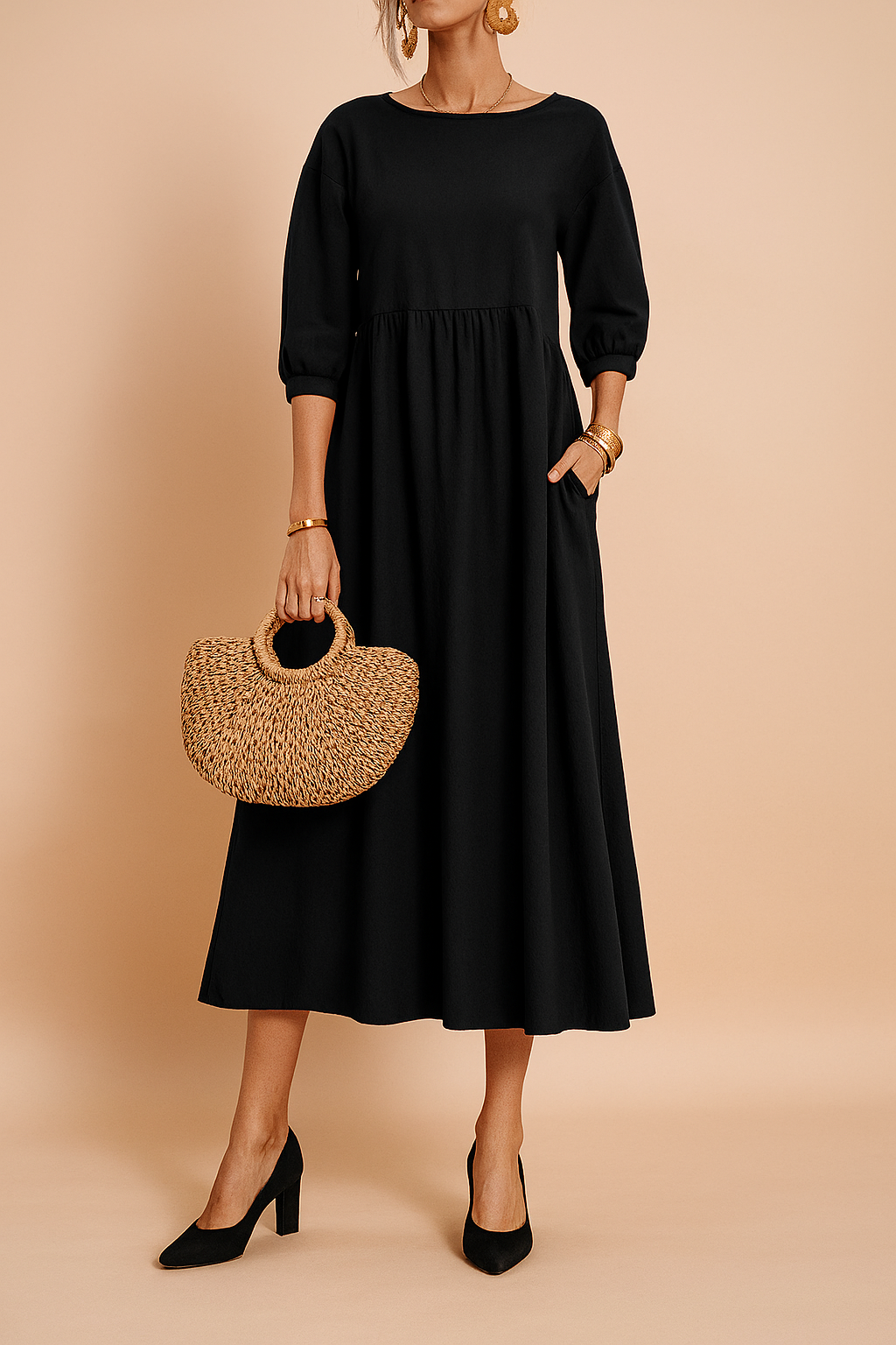 Midi dress with 3/4 sleeves and a defined waist, featuring a fitted bodice and flowing skirt. 4