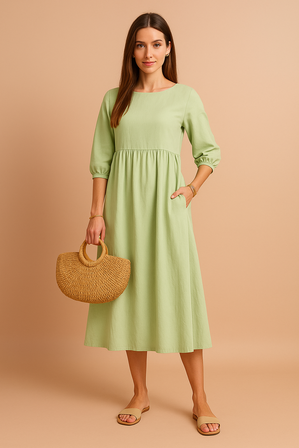 Midi dress with 3/4 sleeves and a defined waist, featuring a fitted bodice and flowing skirt. 5