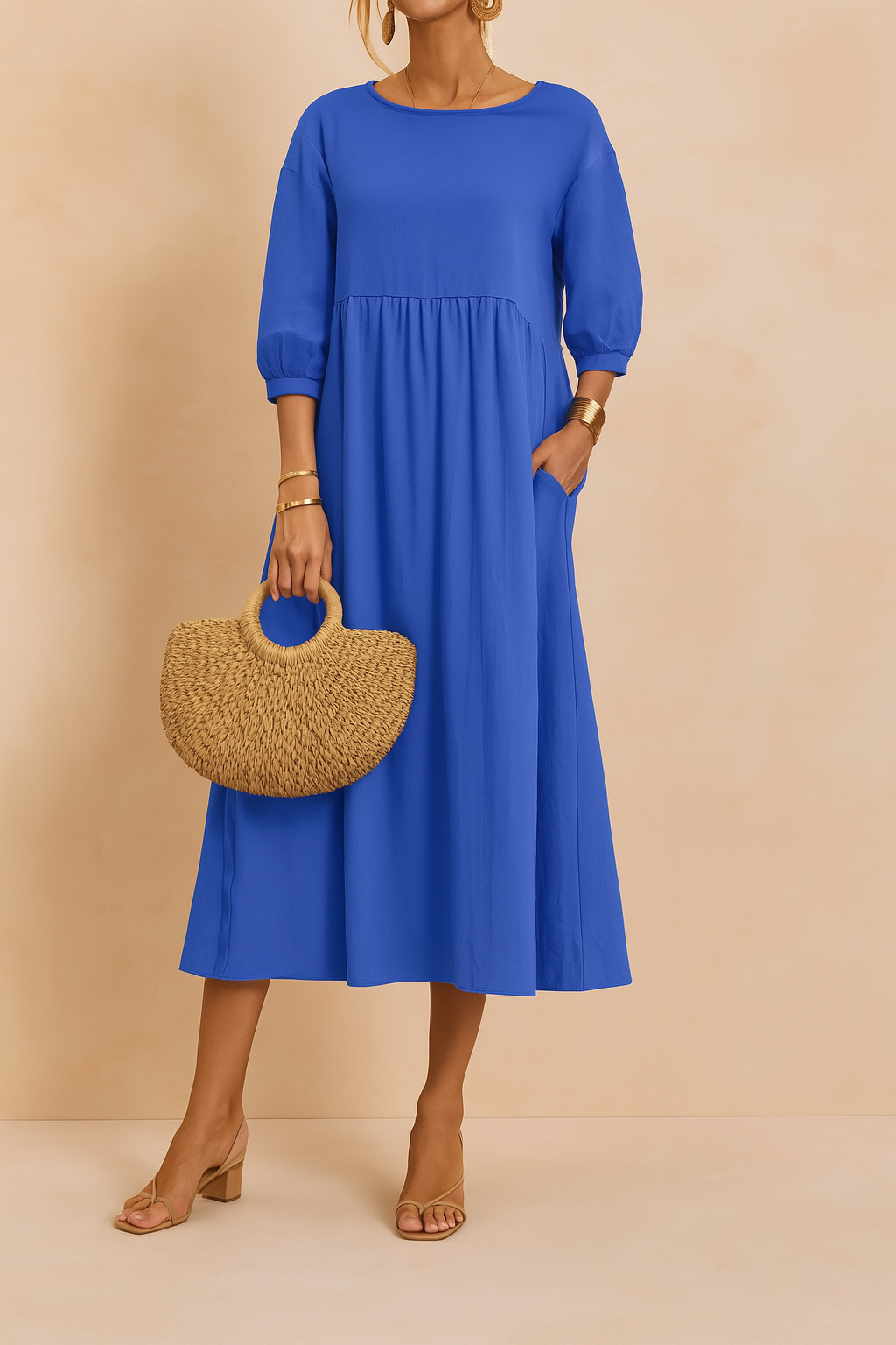 Midi dress with 3/4 sleeves and a defined waist, featuring a fitted bodice and flowing skirt. 6