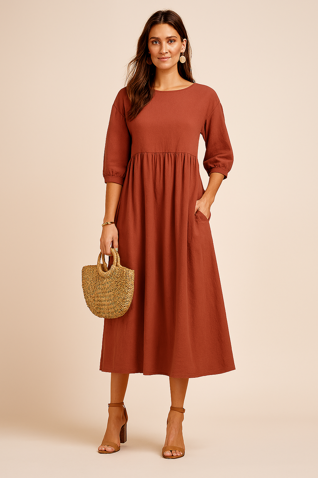 Midi dress with 3/4 sleeves and a defined waist, featuring a fitted bodice and flowing skirt. 8