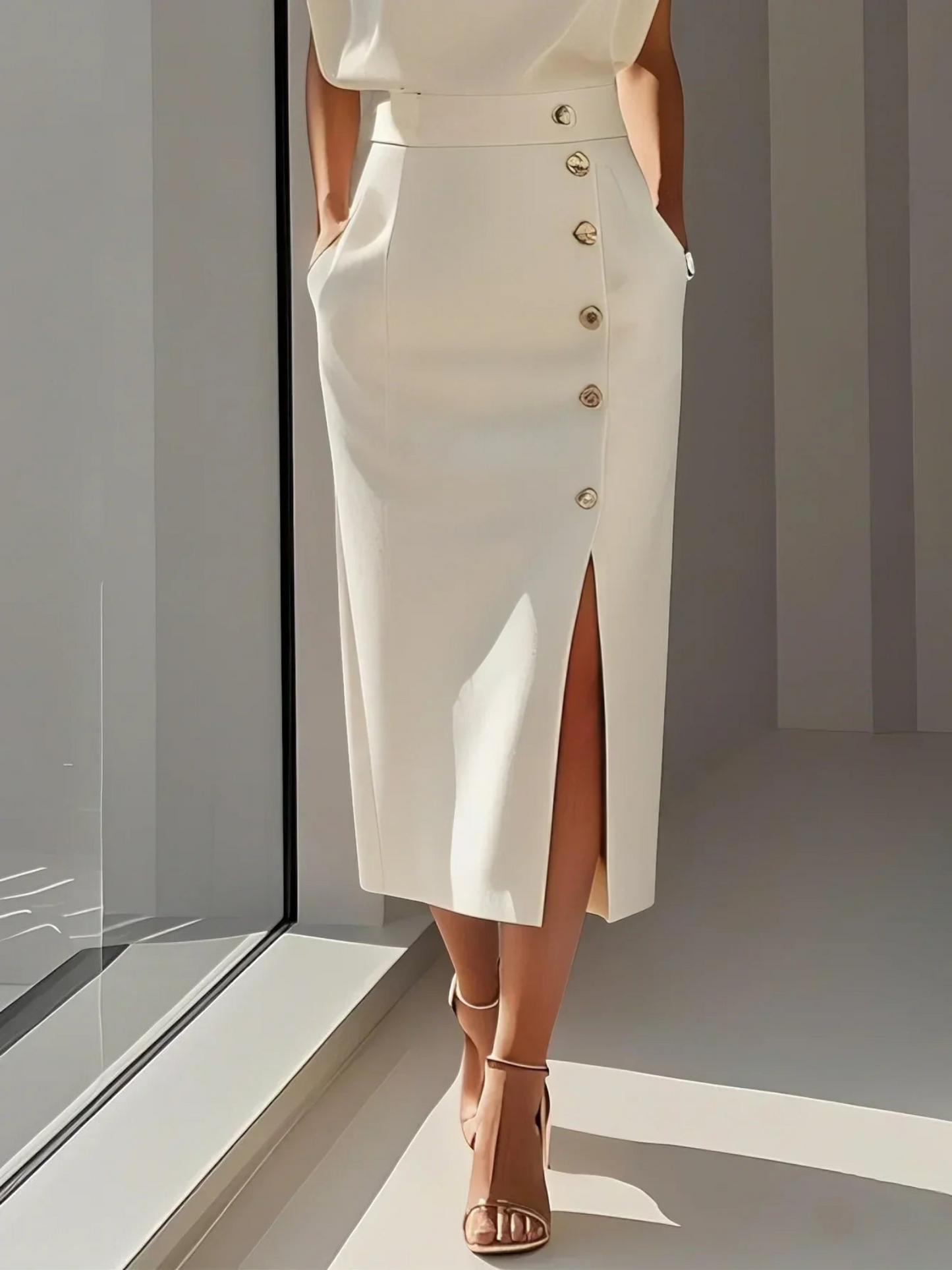 Midi dress with a button-down front and a side slit, designed for women. 4