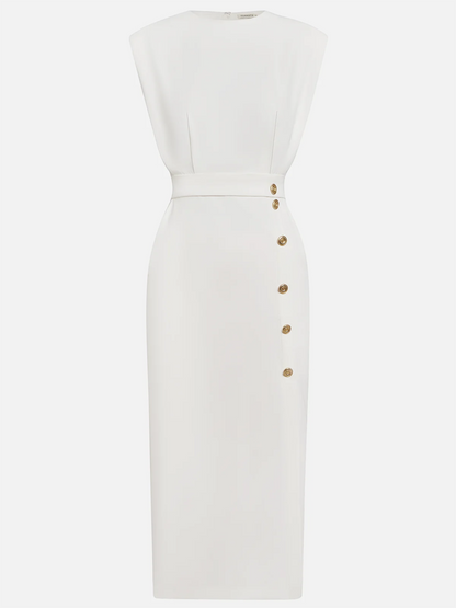 Midi dress with a button-down front and a side slit, designed for women. 5