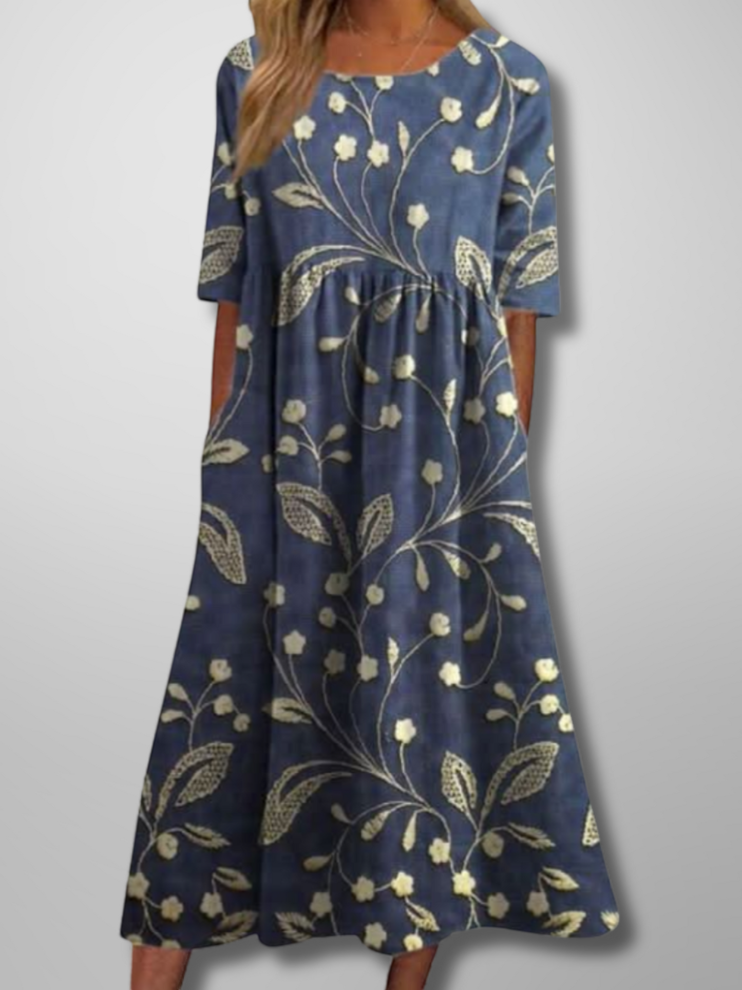 Midi dress featuring a floral pattern and delicate draping, designed for formal occasions like weddings. 0