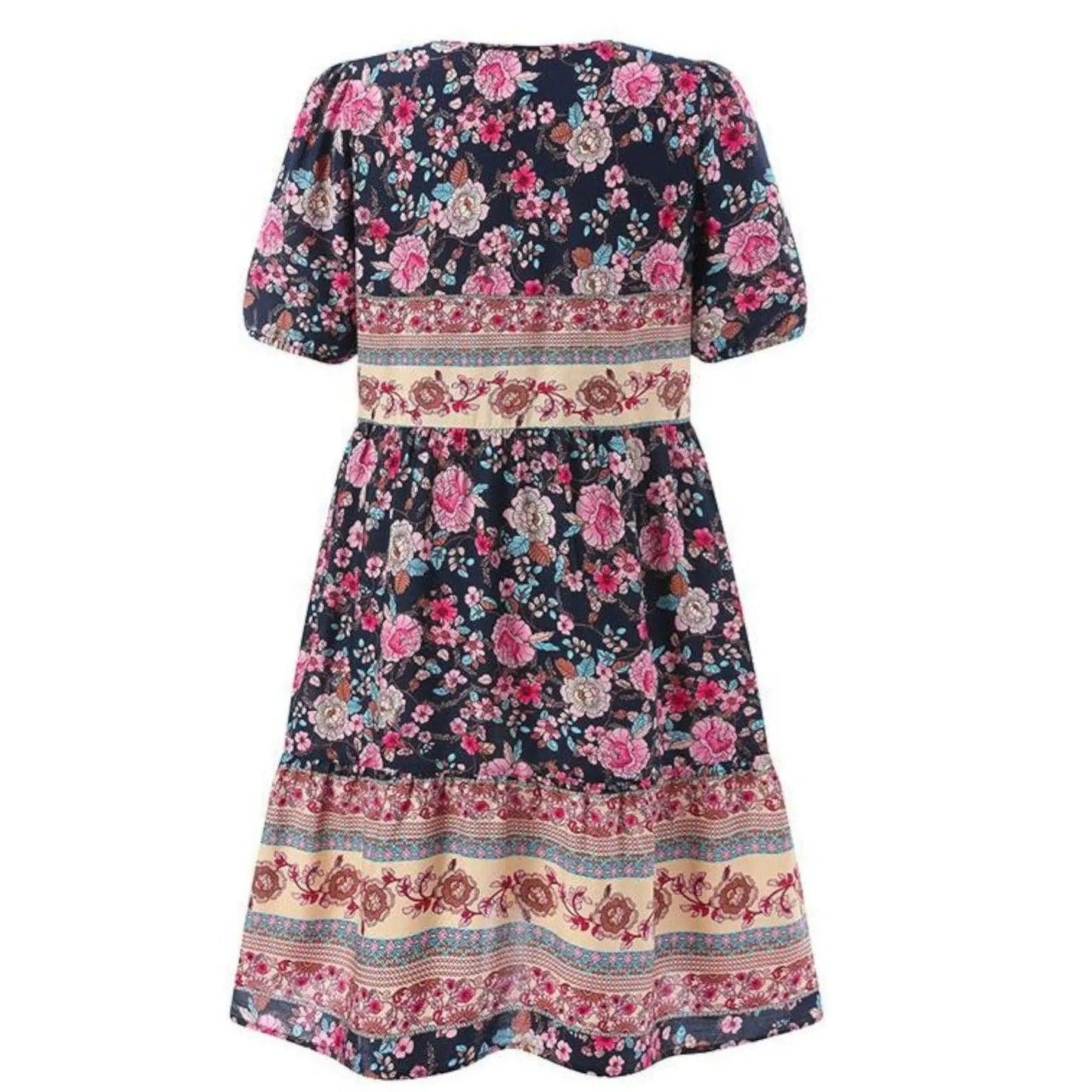 Women's midi dress featuring a V-neck design and a floral pattern, suitable for evening events and weddings. 3