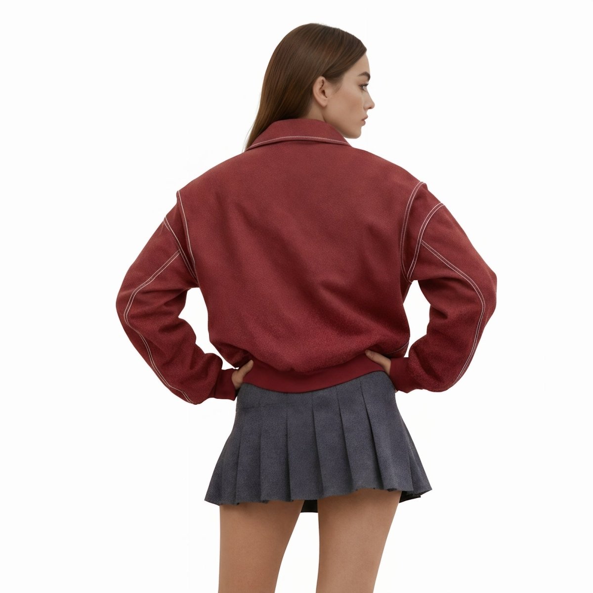 Women's oversized bomber jacket featuring contrast stitching details. 3