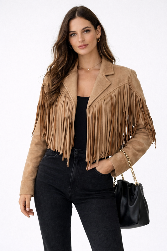 Women's short faux suede jacket featuring fringe details along the front and back, designed with a relaxed fit and open front style. 0