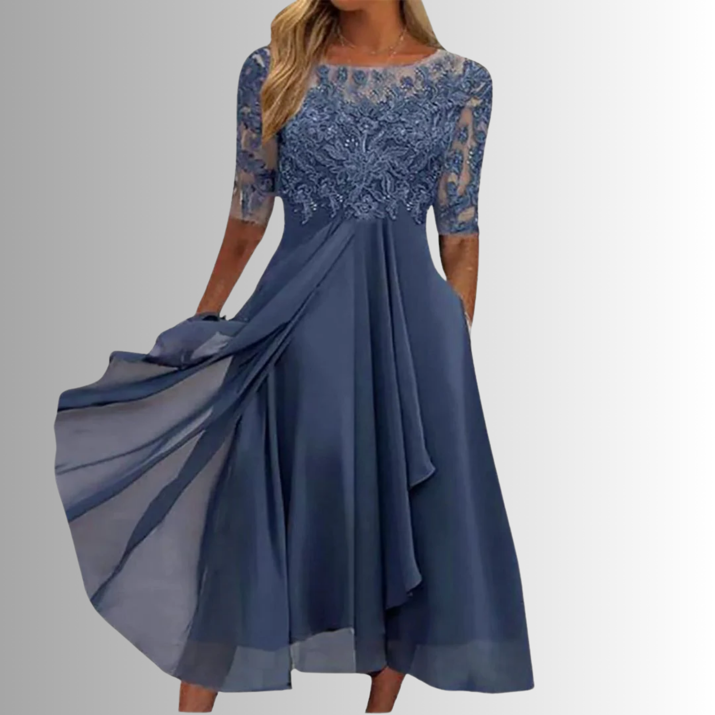Long-sleeve lace dress for women featuring a layered maxi skirt, suitable for weddings. 0