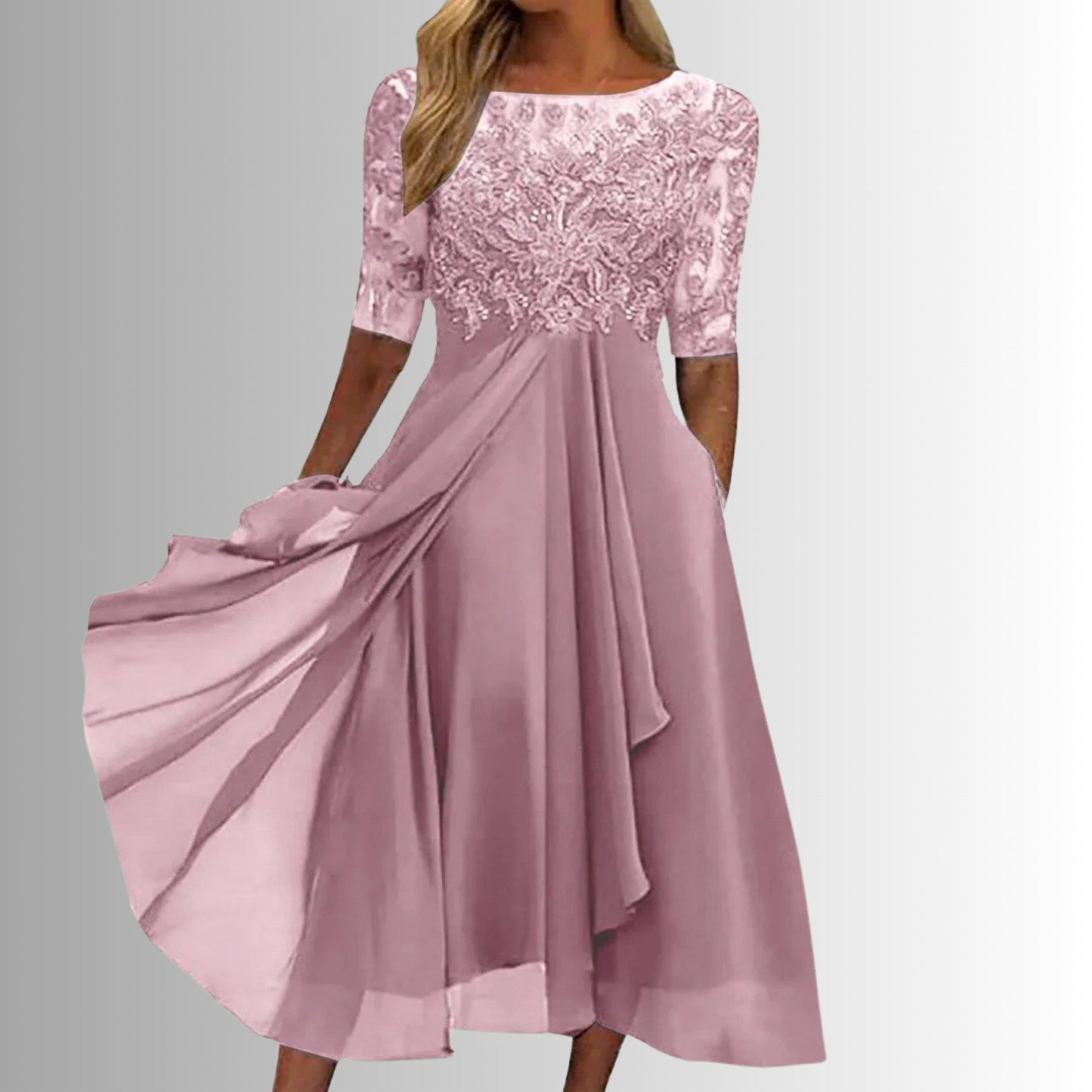 Long-sleeve lace dress for women featuring a layered maxi skirt, suitable for weddings. 1