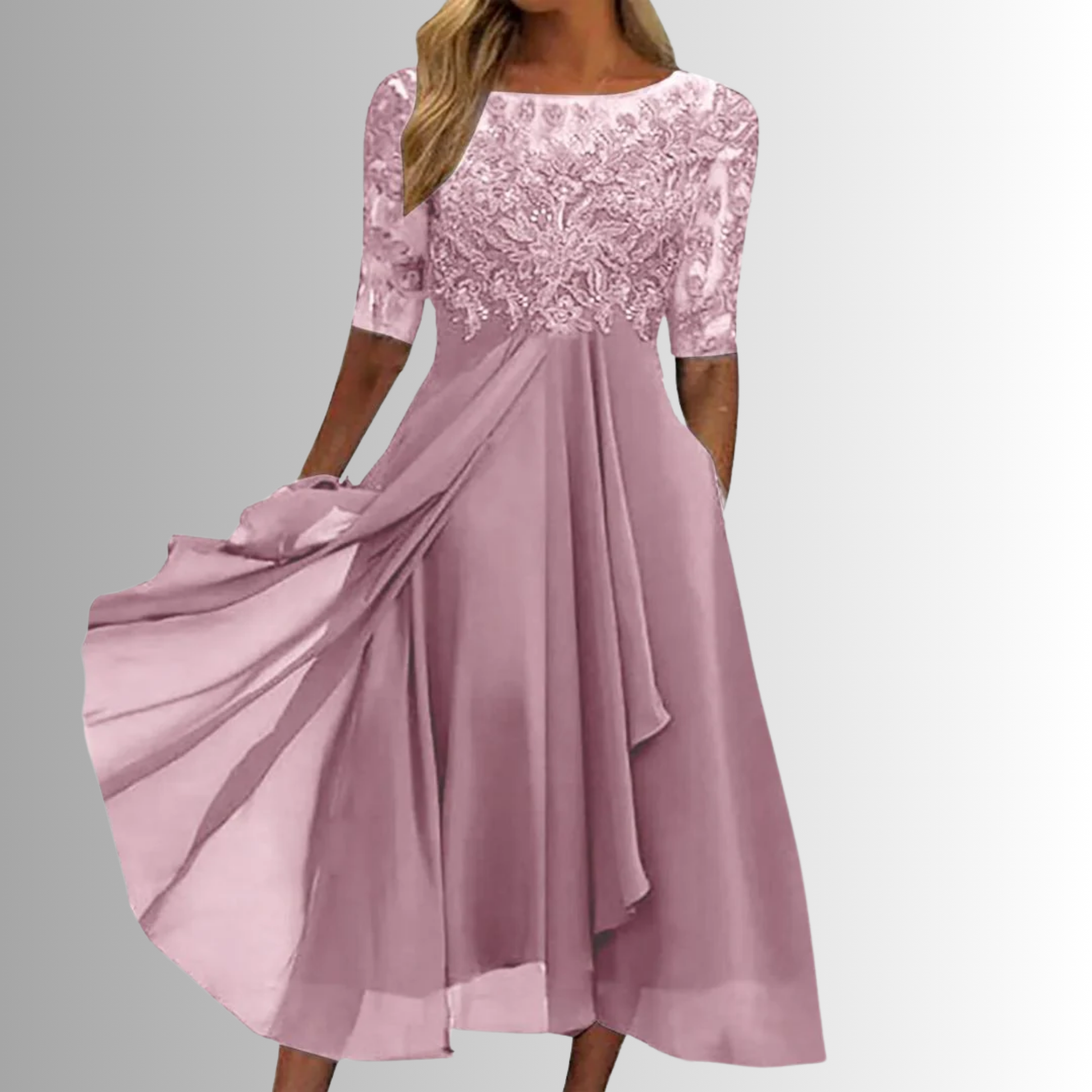 Long-sleeve lace dress for women featuring a layered maxi skirt, suitable for weddings. 1
