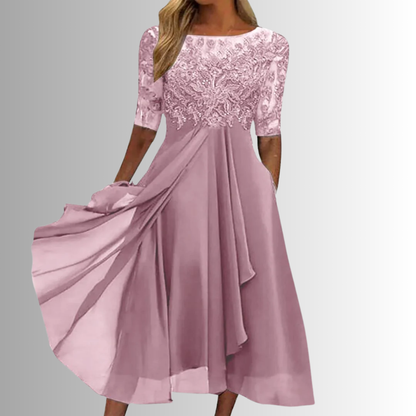 Long-sleeve lace dress for women featuring a layered maxi skirt, suitable for weddings. 1