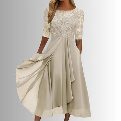 Long-sleeve lace dress for women featuring a layered maxi skirt, suitable for weddings. 2