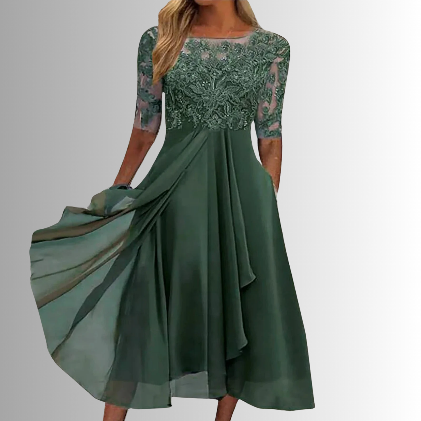 Long-sleeve lace dress for women featuring a layered maxi skirt, suitable for weddings. 3