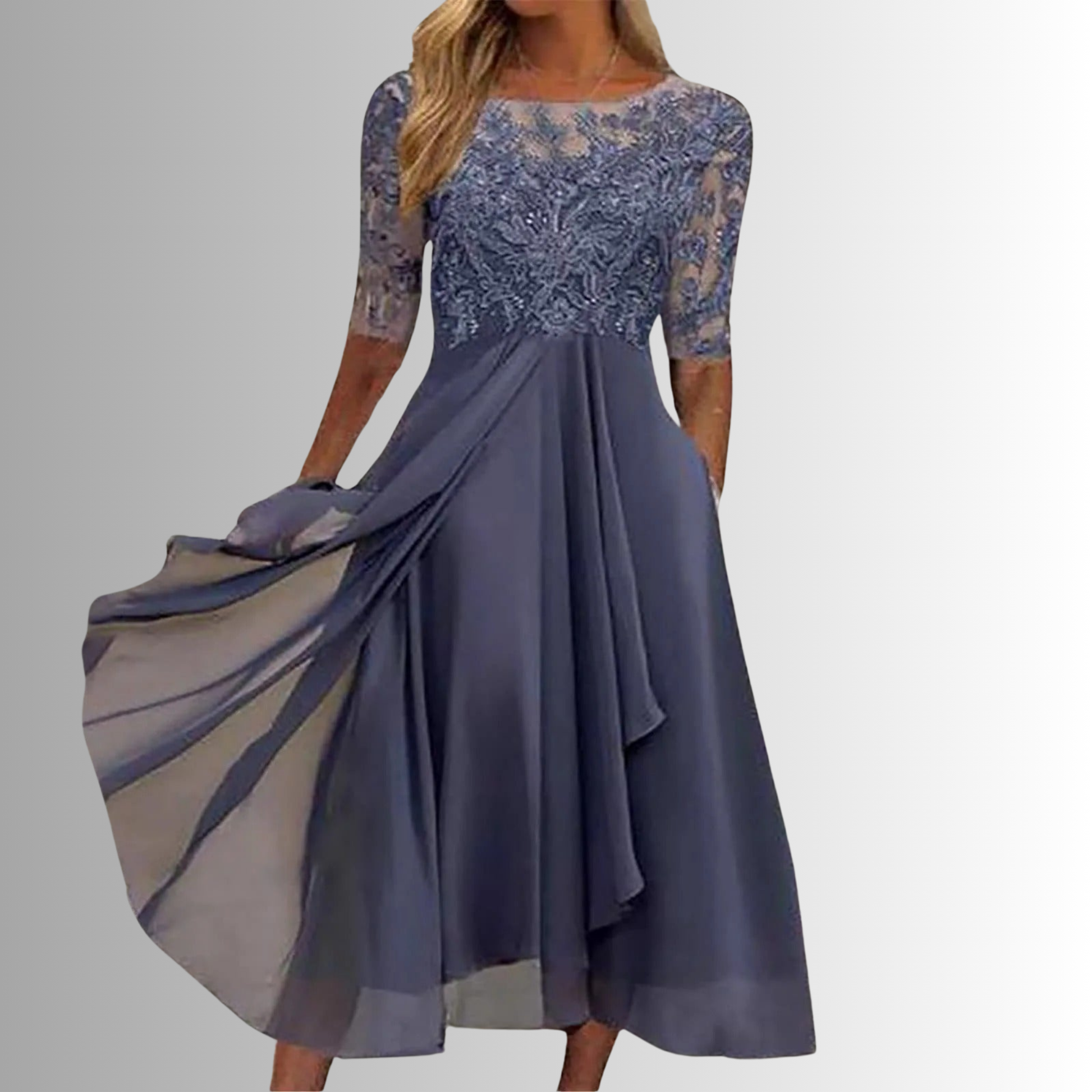 Long-sleeve lace dress for women featuring a layered maxi skirt, suitable for weddings. 4