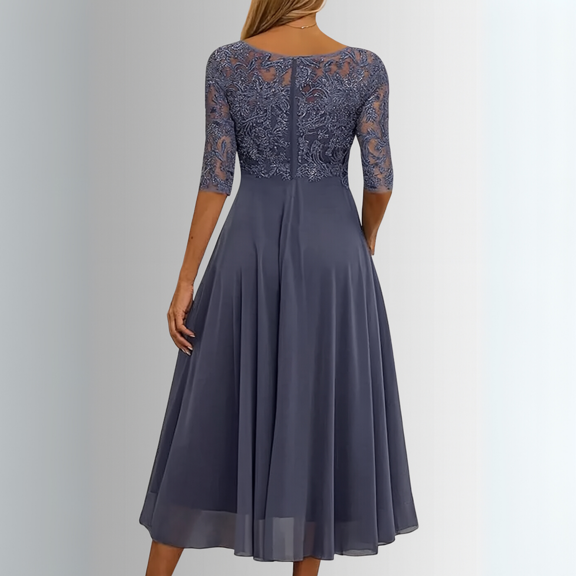 Long-sleeve lace dress for women featuring a layered maxi skirt, suitable for weddings. 5