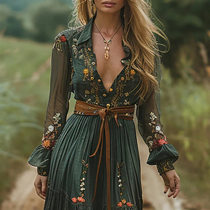 Maxi dress featuring a floral pattern and pleated silhouette, designed for formal occasions. 1