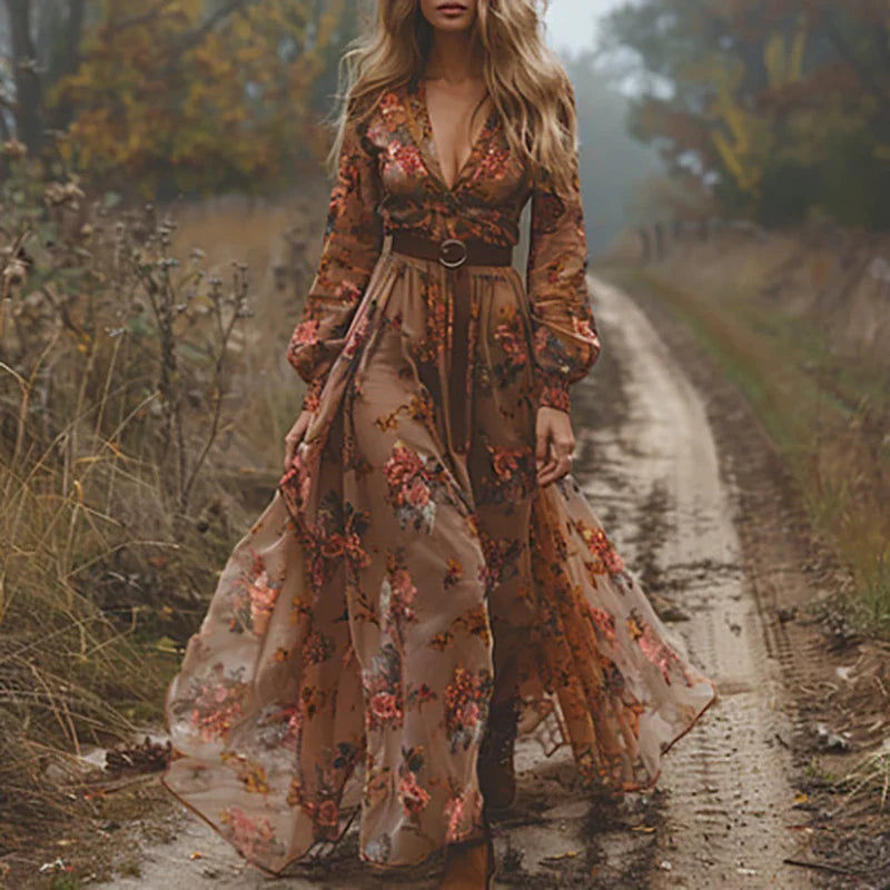 Maxi dress featuring a floral pattern and pleated silhouette, designed for formal occasions. 3