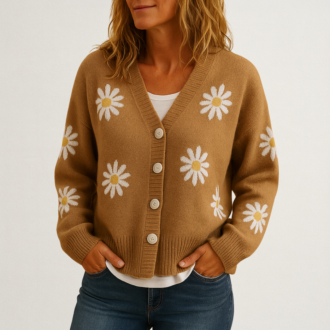 Norvavi | Dzianinowy damski sweter z kwiatowym wzorem i zapięciem na guziki