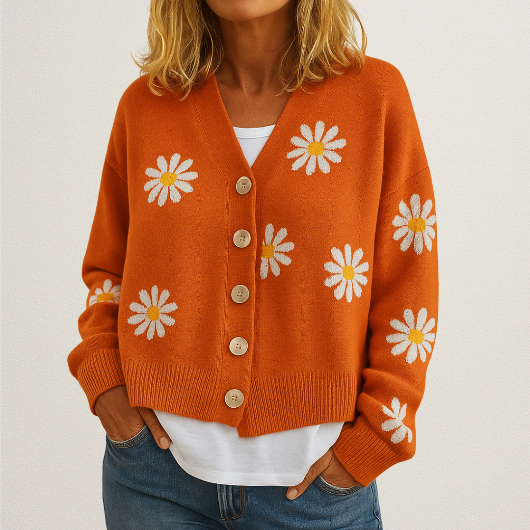 Norvavi | Dzianinowy damski sweter z kwiatowym wzorem i zapięciem na guziki