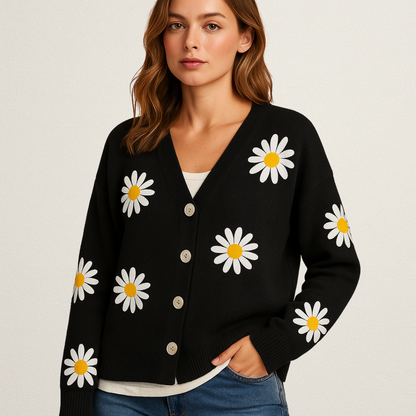 Norvavi | Dzianinowy damski sweter z kwiatowym wzorem i zapięciem na guziki