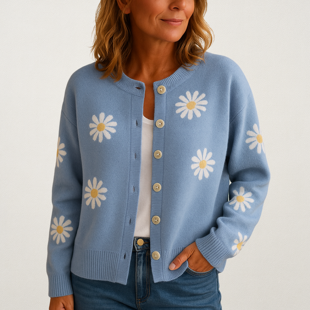 Norvavi | Dzianinowy damski sweter z kwiatowym wzorem i zapięciem na guziki
